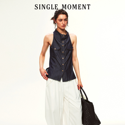 SINGLE MOMENT 26SS夏季法式休闲工装小荡领无袖牛仔修身上衣女