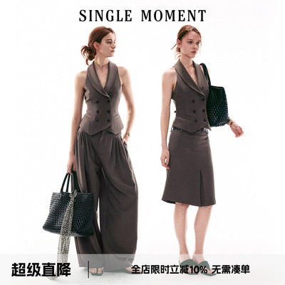 SINGLE MOMENT 26SS法式复古青果领双排扣修身西装马甲西裤套装女