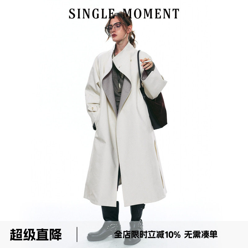 SINGLE MOMENT 25AW秋季双面缎纹A字廓形半立领长款风衣外套女