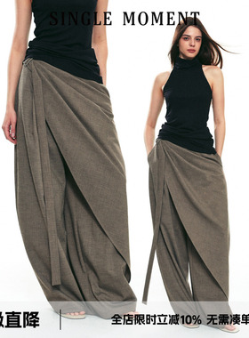 SINGLE MOMENT 25SS秋季新款羊毛混纺多层次飘带休闲阔腿西裤女