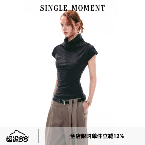 SINGLE MOMENT 26SS法式夏季休闲翻领小飞袖修身针织T恤上衣女