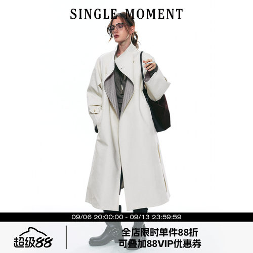 SINGLE MOMENT 25AW秋季双面缎纹A字廓形半立领长款风衣外套女