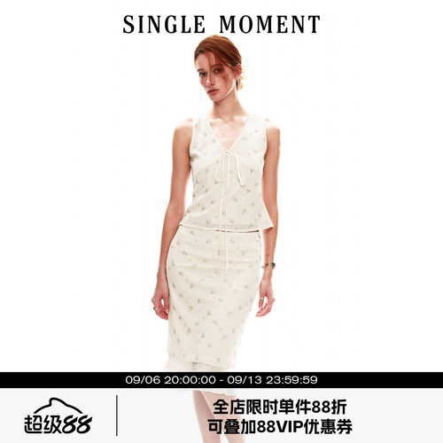 SINGLE MOMENT 26SS夏季法式V领手缝钉珠挂脖无袖背心上衣女