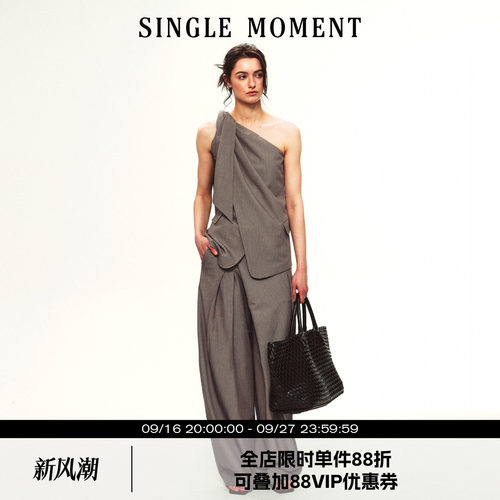 SINGLE MOMENT 26SS夏季法式斜肩打结不对称西装式抹胸上衣女