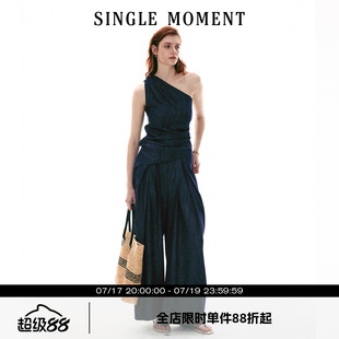 SINGLE MOMENT 26SS法式复古斜肩修身显瘦无袖上衣背心西裤套装女