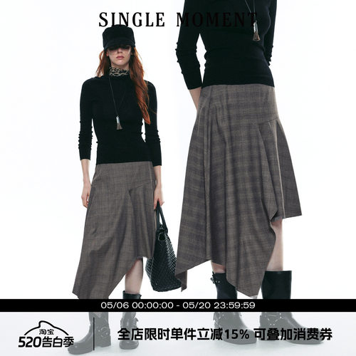 SINGLE MOMENT 25AW法式通勤百搭下摆毛边不规则格子半身裙女秋