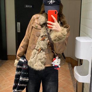 洋气高级冬季 复古 毛毛外套设计仿女加厚拼接狐狸毛皮草麂皮绒新款