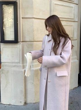 现H 粉色韩版羊毛毛呢马海毛大衣女2025秋冬气质单排扣中长款外套