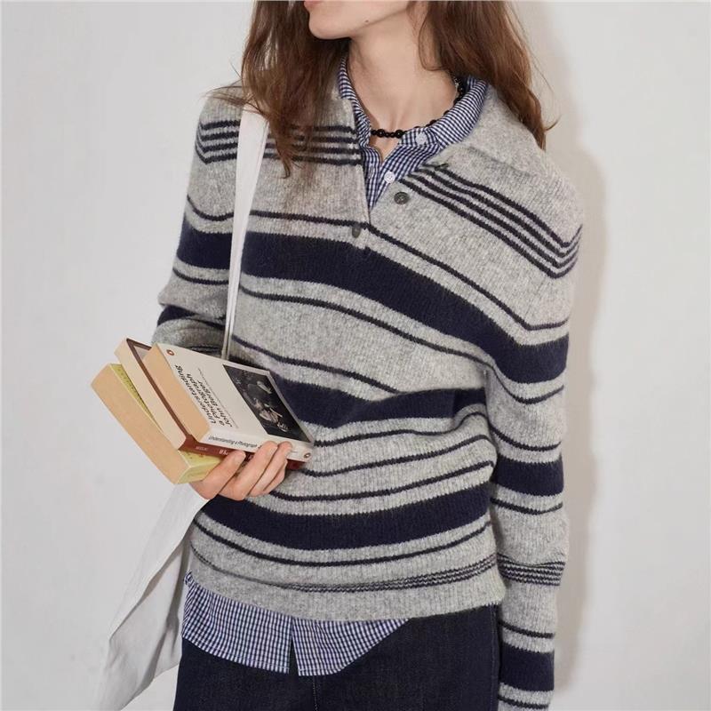 Lofichse条纹Pl领针织毛