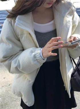 现货  羊毛毛呢立领羽绒服女2024冬季OU*CE白鸭绒韩系休闲面包服