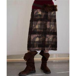 佩斯利腰果花半裙格纹拼接女冬季 半身裙540007 中长款