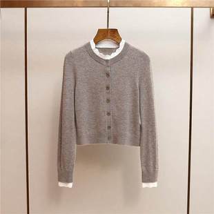 开衫 S家冬季 减龄小香风撞色镂空花边拼接领宽松针织衫 法式 女 新款