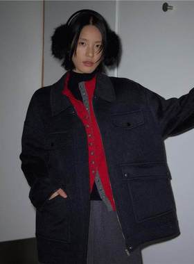 羊驼羊毛双面呢外套女冬工装风中长款翻领大衣253108