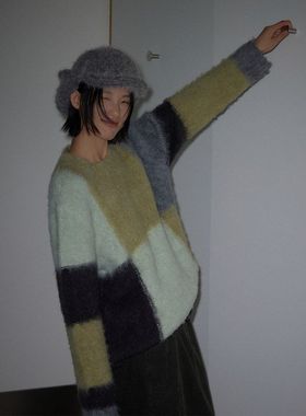 UNITY MODE 绵羊毛复古撞色毛衣女冬软糯慵懒松弛感针织衫251536