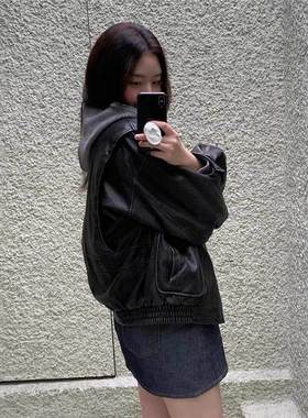现货 黑色复古小众个性皮衣2025春季女宽松休闲拉链翻领外套gro*e
