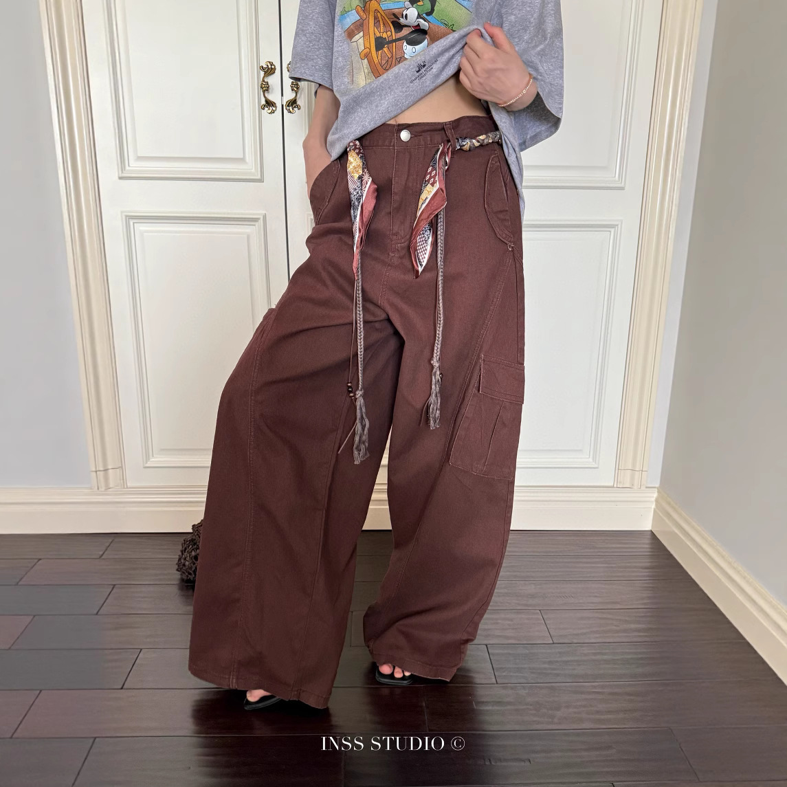 INSS十三行复古腰绳女式休闲裤高级感做旧水洗工装裤女