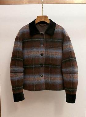 深圳南油高端女装冬季新款法式复古高级格纹撞色翻领毛呢外套上衣