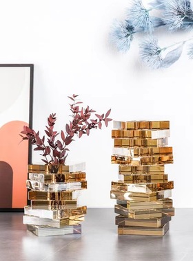 现代现代轻奢香槟水晶方块水晶花瓶售楼部样板间酒店会所水晶摆件