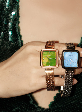 tophill拓非手表女士复古方糖石英轻奢小众绿色小方块中古腕表