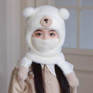 一体式围巾帽秋冬萌趣小熊毛绒连帽女童冬保暖加厚防风围脖萌趣小