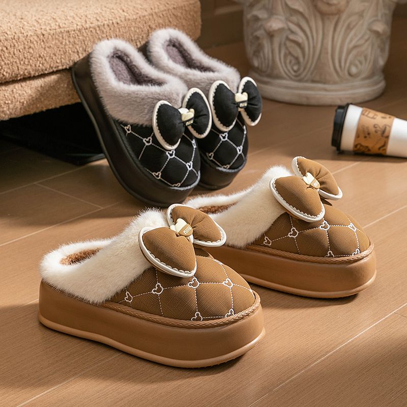 2025巨好看毛毛拖鞋棉拖鞋女款冬季厚底居家时尚蝴蝶结防水加绒保