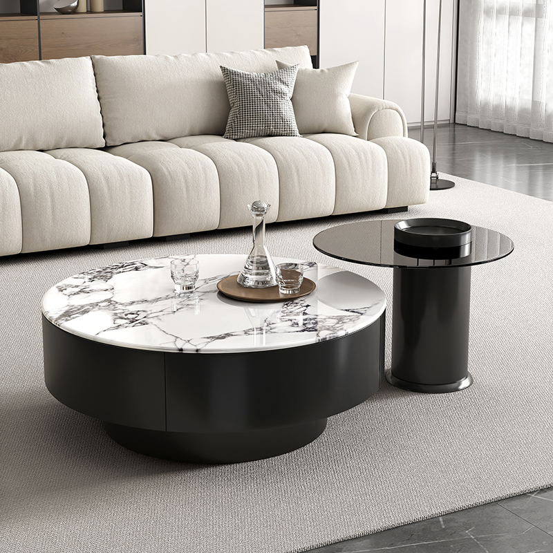 墨素现代简约微晶石茶几小户型客厅轻奢高级感实木家用圆形组合