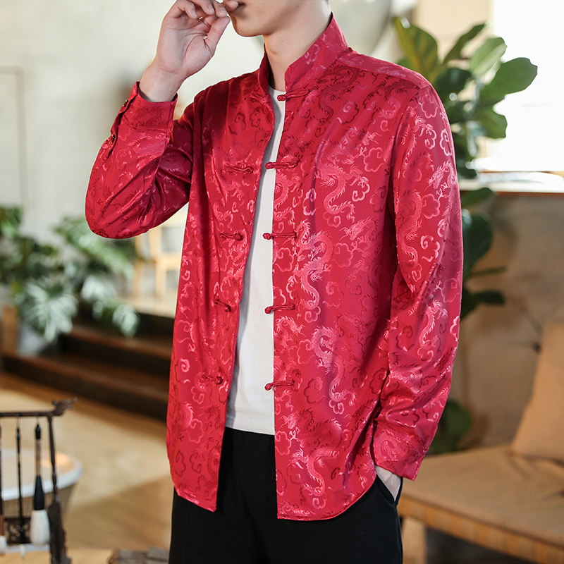 CHINESE STYLE ICE SILK RETRO BUCKLE TANG SHIRT CHINESE CASUAL PLUS SIZE TEA SHIRT MENS DARK PATTERN VERSATILE LONG SLEEVES
