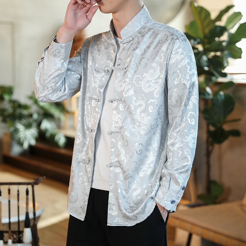 CHINESE STYLE ICE SILK RETRO BUCKLE TANG SHIRT CHINESE CASUAL PLUS SIZE TEA SHIRT MENS DARK PATTERN VERSATILE LONG SLEEVES