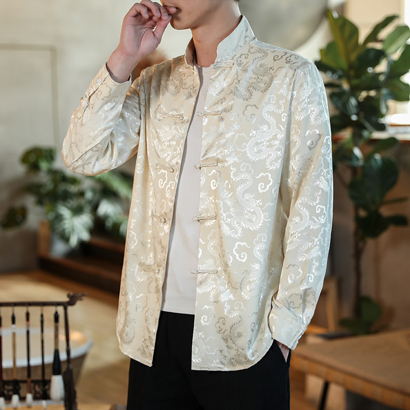 CHINESE STYLE ICE SILK RETRO BUCKLE TANG SHIRT CHINESE CASUAL PLUS SIZE TEA SHIRT MENS DARK PATTERN VERSATILE LONG SLEEVES