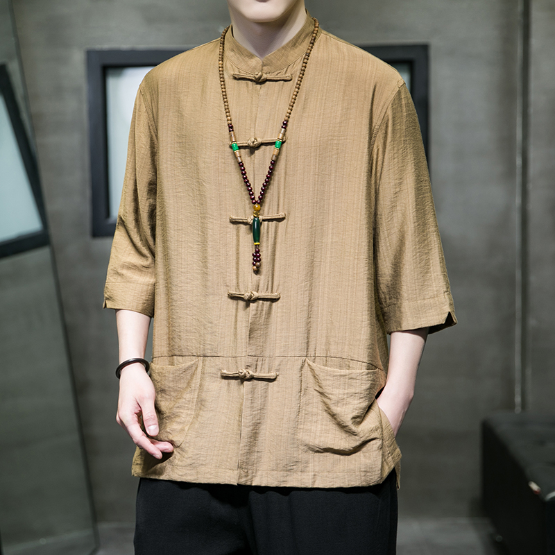 夏季冰丝透气唐装休闲衬衫中式盘扣免烫太极服传统抗皱半袖中山装