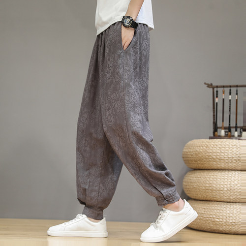 中国风暗纹提花棉麻休闲裤复古风盘扣唐装男阔腿裤宽松大码哈伦裤