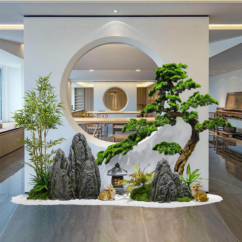 室内公司楼梯下山水造景干景仿真绿植迎客松植物微景观装饰品摆件