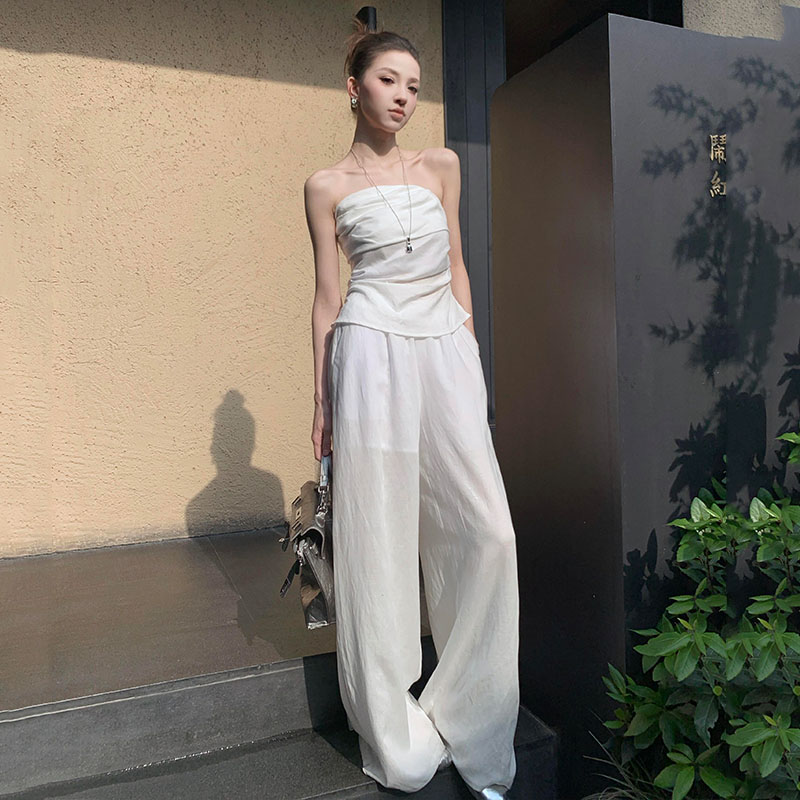 5werkwen夏季老钱风白色抹胸上衣亚麻套装女夏阔腿裤夏日ootd穿搭