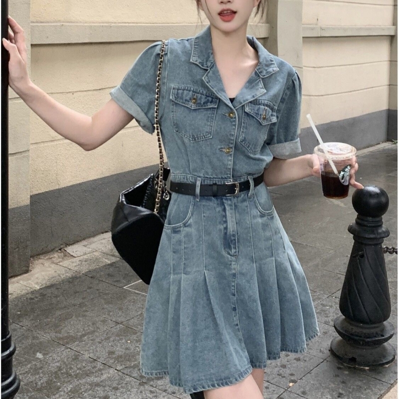 复古牛仔西装裙连衣裙女2025夏新款设计感小众高腰显瘦A字百褶裙