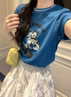 lento蓝色短袖t恤女2025新款夏季卡通独特漂亮减龄正肩宽松上衣
