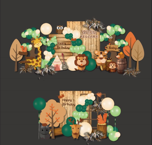 绿色森系效果图 宝宝生日宴 森林小动物 手绘素材 AI源文件