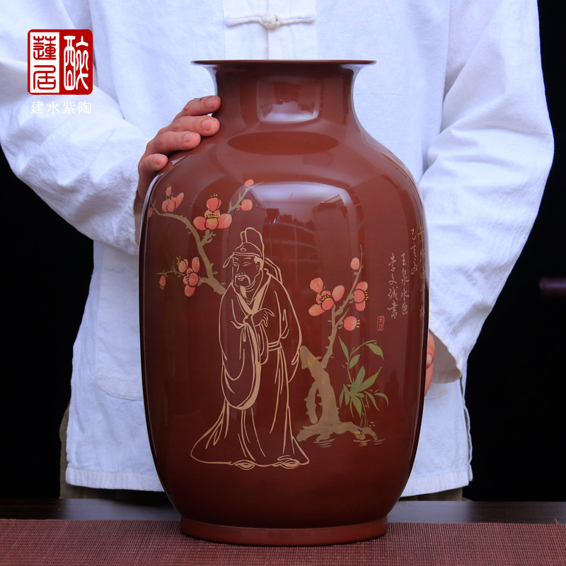 云南建水紫陶花瓶陶瓷花器花插摆件家居茶室玄关装饰复古红泥 T40