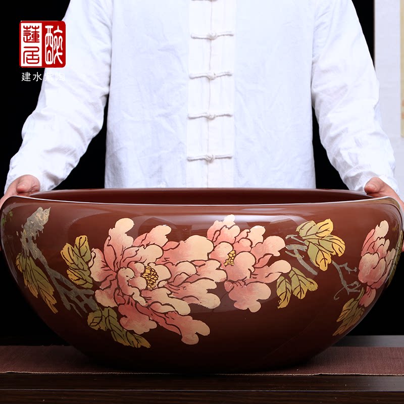建水紫陶65L特大金鱼缸花开富贵