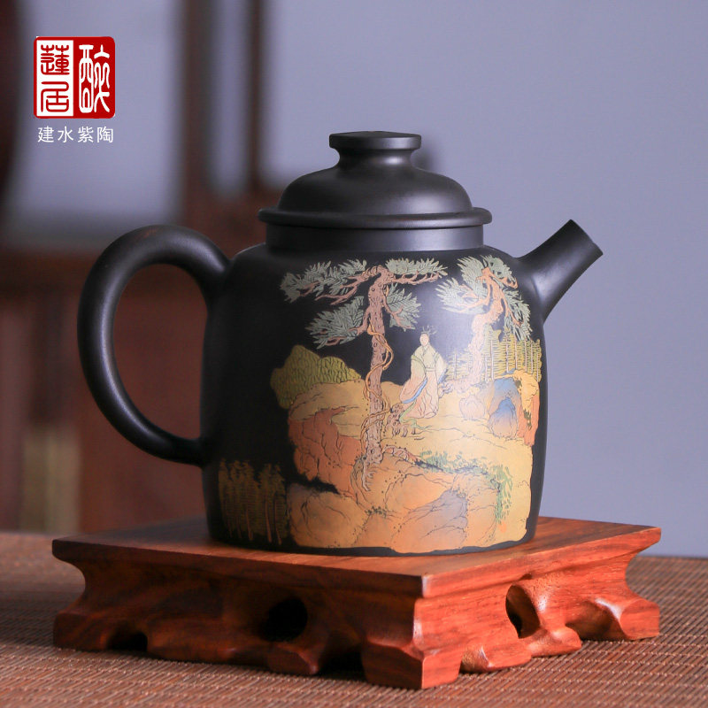 210ml 建水紫陶壶手工泡茶壶功夫茶壶/重工山水及微雕汉瓦壶 O89