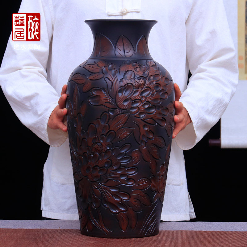 云南建水紫陶花瓶摆件装饰品工艺品玄关电视柜浮雕艺术花瓶 T45