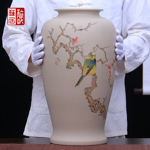 白泥花鸟书法双面装饰大摆饰花瓶