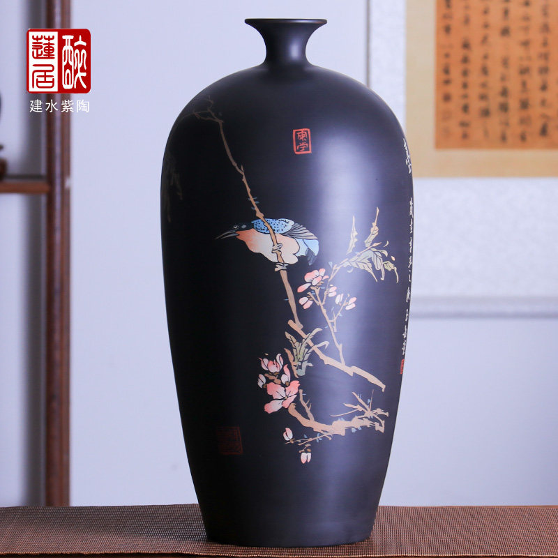 建水紫陶花瓶家居装饰花插摆件全手工彩填工艺/小口花瓶 玉R95