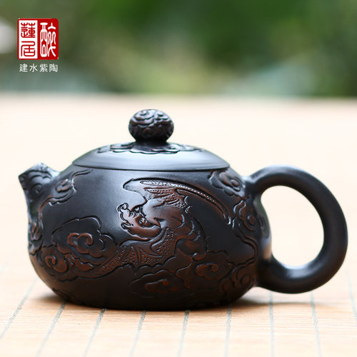 纯手工建水紫陶浮雕功夫茶壶