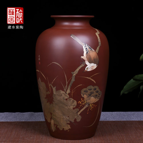 云南建水紫陶花鸟家居装饰花瓶