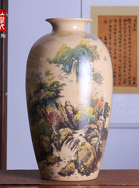 云南建水紫陶花瓶/廖建忠白泥亮光重工山水彩填大口梅花瓶 廖R82