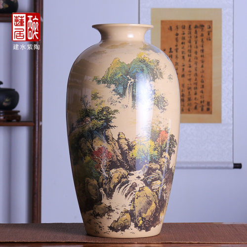廖建忠白泥亮光重工山水大口梅瓶