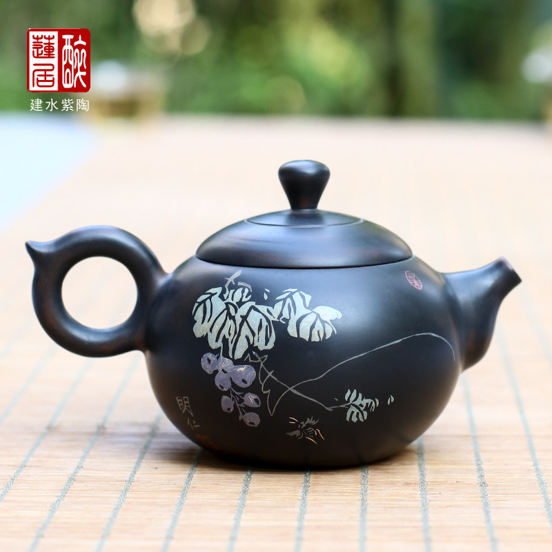 160ml 建水紫陶彩填家用泡茶壶功夫茶壶仁烨堂明仁老师作品 H94