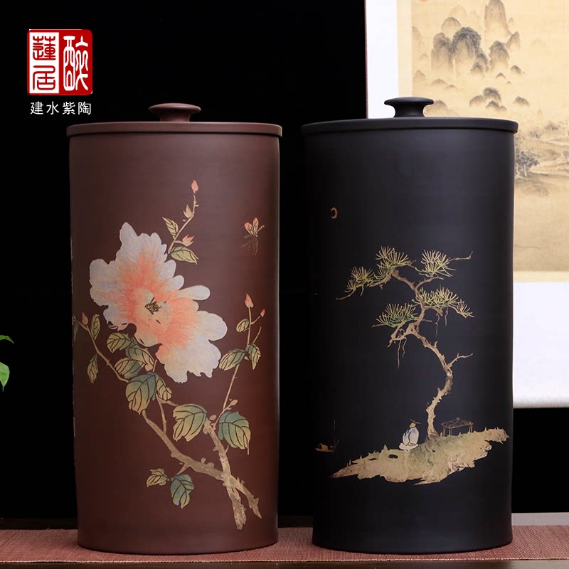 建水紫陶阴刻阳填十八饼茶缸Y75