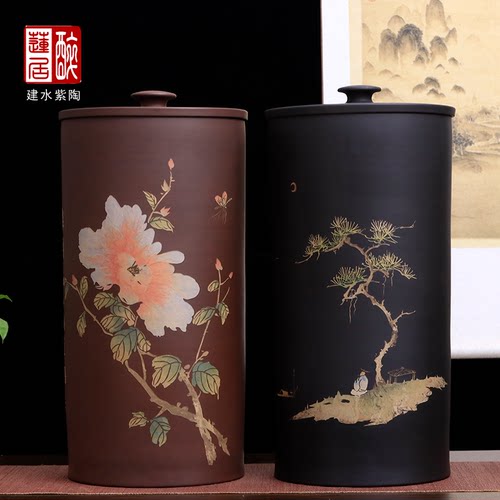 建水紫陶阴刻阳填十八饼茶缸Y75