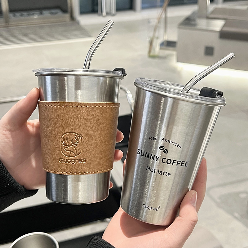 304冰霸杯高颜值不锈钢带盖咖啡杯吸管杯大容量学生水杯牛奶杯子